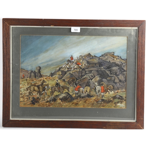 705 - H Wharton, hunting scene, watercolour, signed and dated 1923, 30cm x 46cm, framed