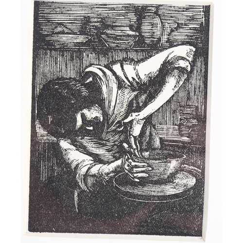 707 - Hilda Quick, The Thrower, wood engraving, published by The London Mercury 1930, 9cm x 6.5cm, framed