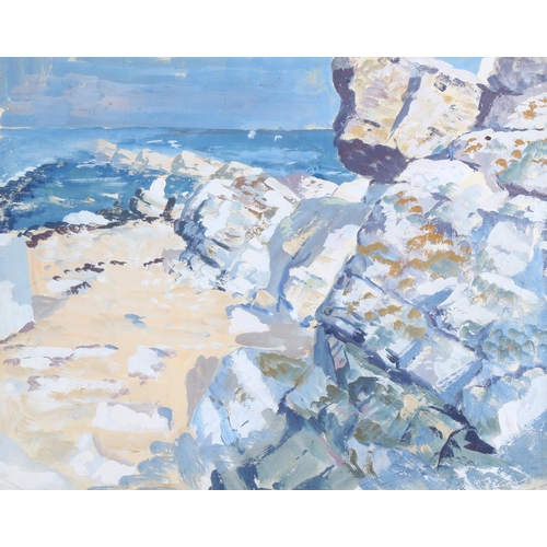 709 - Newlyn School, sea cliffs, gouache on paper, unsigned, 22cm x 28cm, framed