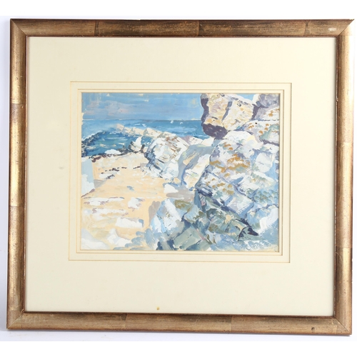 709 - Newlyn School, sea cliffs, gouache on paper, unsigned, 22cm x 28cm, framed