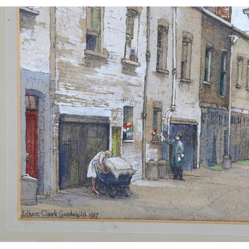 710 - Lilian Clark Goodchild, backstreet mews, watercolour, signed and dated 1957, 28cm x 36cm, framed