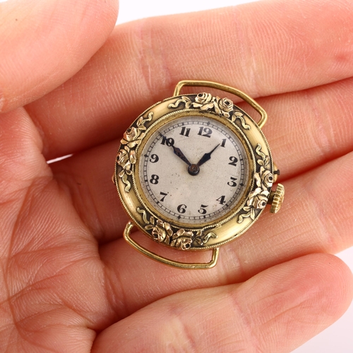 1050 - An Art Nouveau French 18k gold mechanical wristwatch head, by Schlussel G, silvered dial with Arabic... 