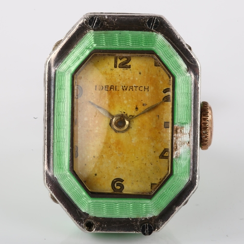 1053 - IDEAL WATCH - an early 20th century silver and green enamel mechanical pendant timepiece, silvered d... 