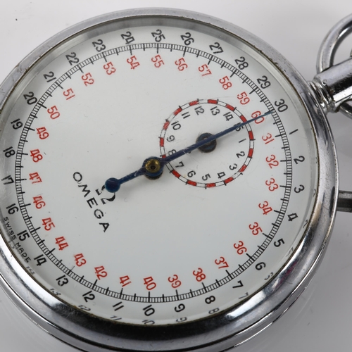 1056 - OMEGA - a chrome plated open-face stopwatch, circa 1960s, white dial with Arabic numerals and subsid... 