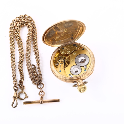 1057 - WALTHAM - an early 20th century 9ct gold open-face keyless pocket watch, white enamel dial with Roma... 