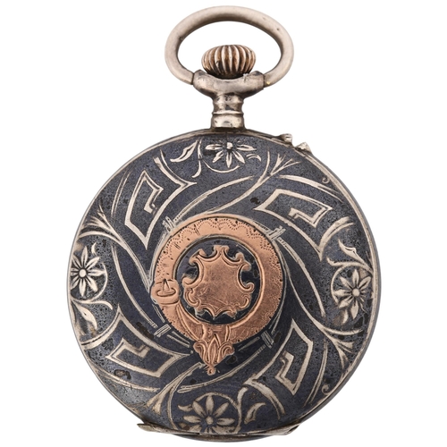 1064 - A German niello and rose gold inlaid silver full hunter keyless fob watch, circa 1900, white enamel ... 