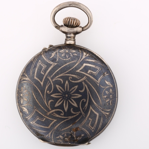 1064 - A German niello and rose gold inlaid silver full hunter keyless fob watch, circa 1900, white enamel ... 