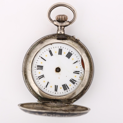 1064 - A German niello and rose gold inlaid silver full hunter keyless fob watch, circa 1900, white enamel ... 