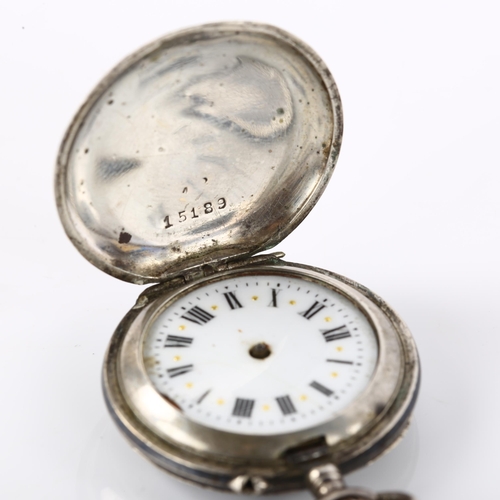 1064 - A German niello and rose gold inlaid silver full hunter keyless fob watch, circa 1900, white enamel ... 