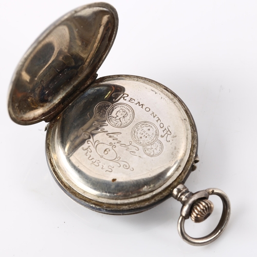 1064 - A German niello and rose gold inlaid silver full hunter keyless fob watch, circa 1900, white enamel ... 