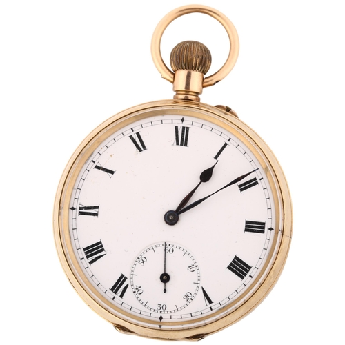 1065 - An early 20th century 9ct gold open-face keyless pocket watch, white enamel dial with Roman numeral ... 