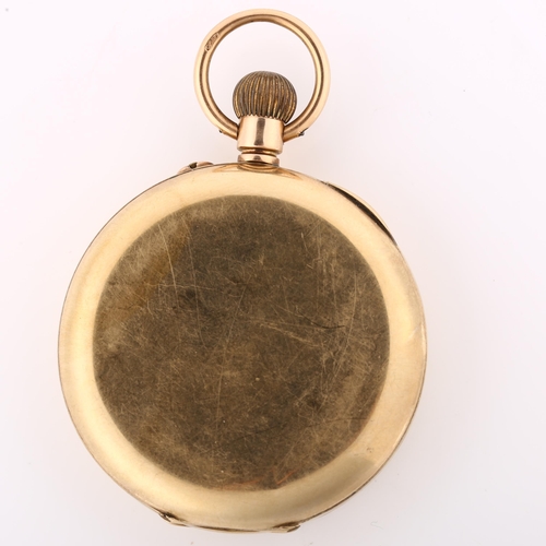 1065 - An early 20th century 9ct gold open-face keyless pocket watch, white enamel dial with Roman numeral ... 