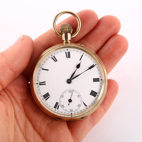 1065 - An early 20th century 9ct gold open-face keyless pocket watch, white enamel dial with Roman numeral ... 