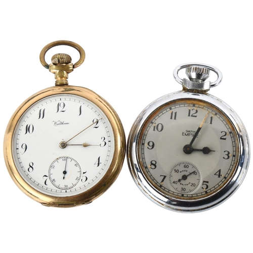 1066 - 2 pocket watches, comprising gold plated Waltham and chrome plated Smiths Empire, largest case width... 