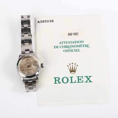 1072 - ROLEX - a lady's stainless steel Oyster Perpetual Date automatic bracelet watch, ref. 69160, circa 1... 