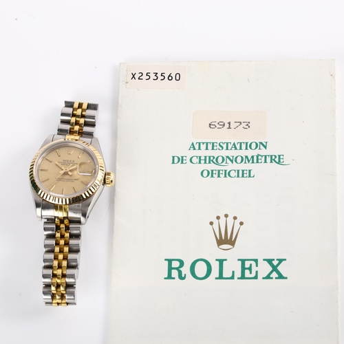 1073 - ROLEX - a lady's bi-metal Oyster Perpetual Datejust automatic bracelet watch, ref. 69173, circa 1991... 