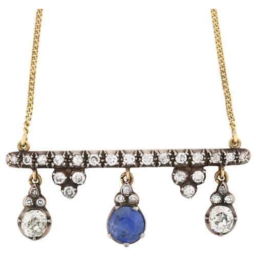 1100 - A 19th century sapphire and diamond drop bar pendant necklace, unmarked gold and silver settings wit... 