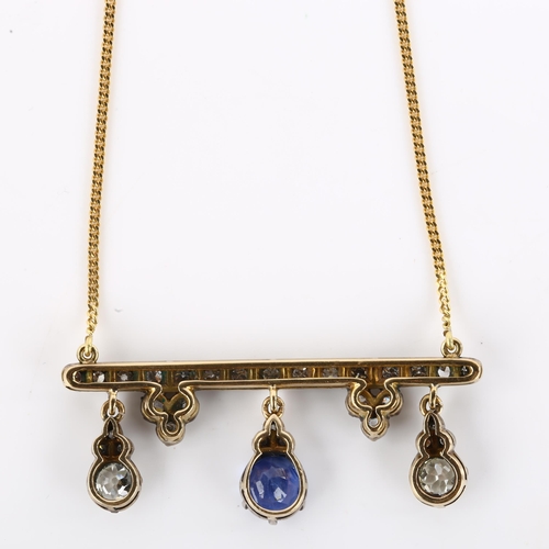 1100 - A 19th century sapphire and diamond drop bar pendant necklace, unmarked gold and silver settings wit... 