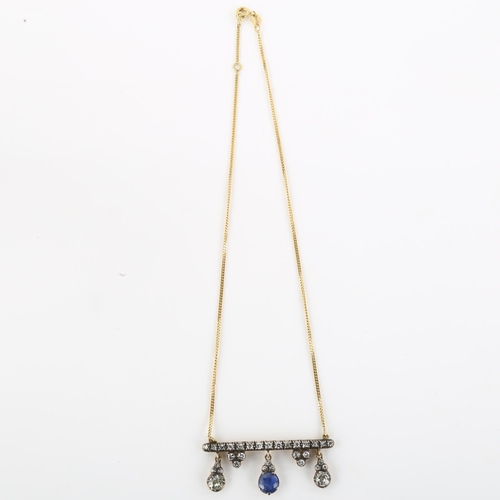 1100 - A 19th century sapphire and diamond drop bar pendant necklace, unmarked gold and silver settings wit... 