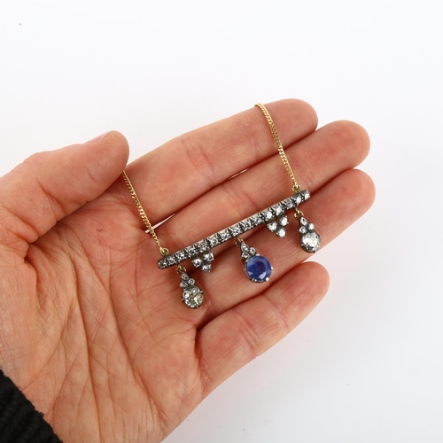 1100 - A 19th century sapphire and diamond drop bar pendant necklace, unmarked gold and silver settings wit... 