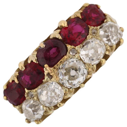 1101 - A 19th century 18ct gold garnet and diamond double-row half hoop ring, set with oval mixed-cut garne... 