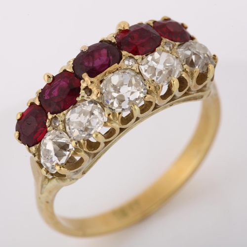 1101 - A 19th century 18ct gold garnet and diamond double-row half hoop ring, set with oval mixed-cut garne... 