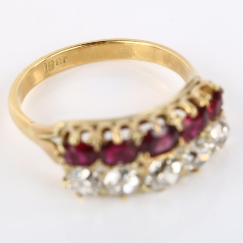 1101 - A 19th century 18ct gold garnet and diamond double-row half hoop ring, set with oval mixed-cut garne... 