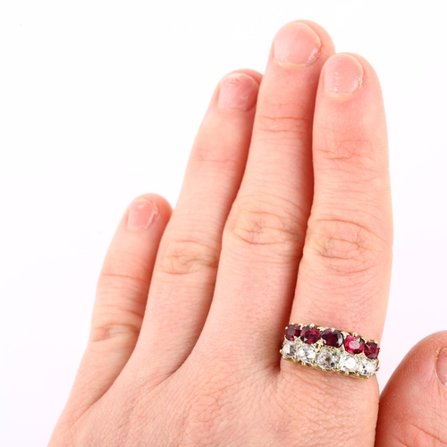 1101 - A 19th century 18ct gold garnet and diamond double-row half hoop ring, set with oval mixed-cut garne... 