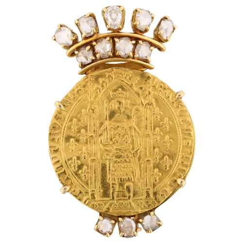 1102 - A French Charles V (The Wise) (1364 - 80 AD) gold Franc a pied coin, in unmarked French gold brooch ... 