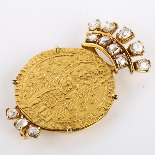 1102 - A French Charles V (The Wise) (1364 - 80 AD) gold Franc a pied coin, in unmarked French gold brooch ... 