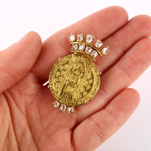 1102 - A French Charles V (The Wise) (1364 - 80 AD) gold Franc a pied coin, in unmarked French gold brooch ... 