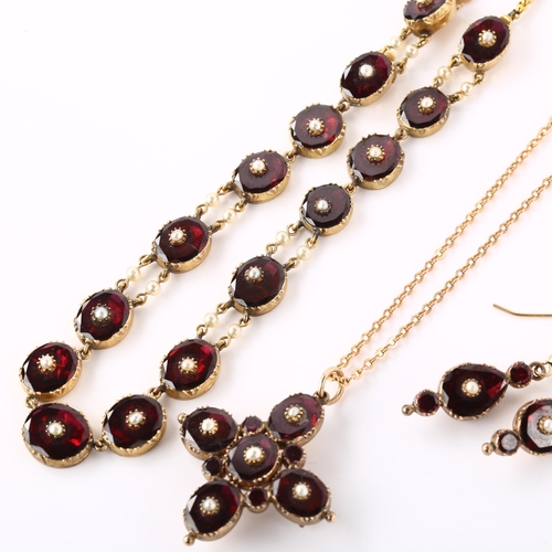 1103 - A Georgian flat-top garnet and pearl parure, comprising graduated riviere collar necklace, quatrefoi... 