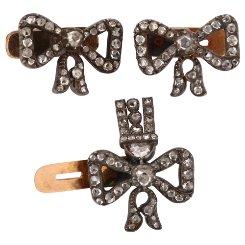 1105 - CARTIER - a set of 3 Art Deco diamond ribbon bow dress studs, 1 having en tremblant drop, set with r... 