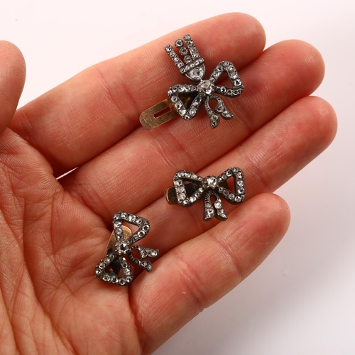 1105 - CARTIER - a set of 3 Art Deco diamond ribbon bow dress studs, 1 having en tremblant drop, set with r... 