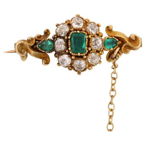 1106 - A 19th century emerald and diamond cluster bar brooch, unmarked gold closed-back settings with folia... 