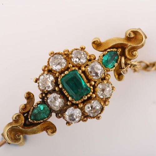 1106 - A 19th century emerald and diamond cluster bar brooch, unmarked gold closed-back settings with folia... 