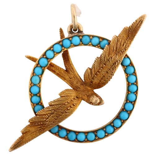 1108 - A Victorian 15ct gold turquoise swallow pendant, wingspan 39.7mm, 4g