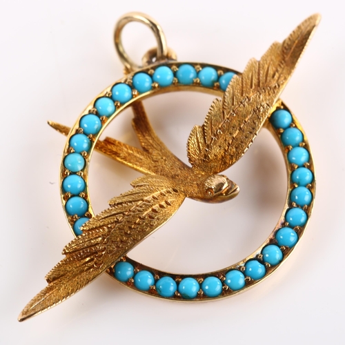 1108 - A Victorian 15ct gold turquoise swallow pendant, wingspan 39.7mm, 4g