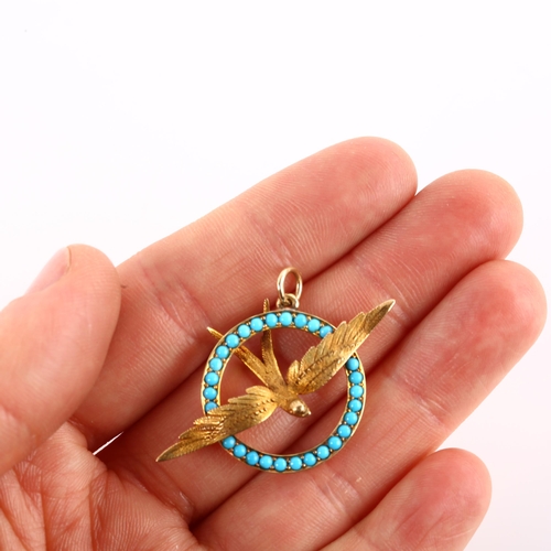 1108 - A Victorian 15ct gold turquoise swallow pendant, wingspan 39.7mm, 4g