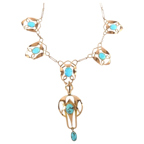 1112 - GOURDEL VALES & CO - an Arts and Crafts 9ct rose gold turquoise matrix openwork fringe pendant neckl... 