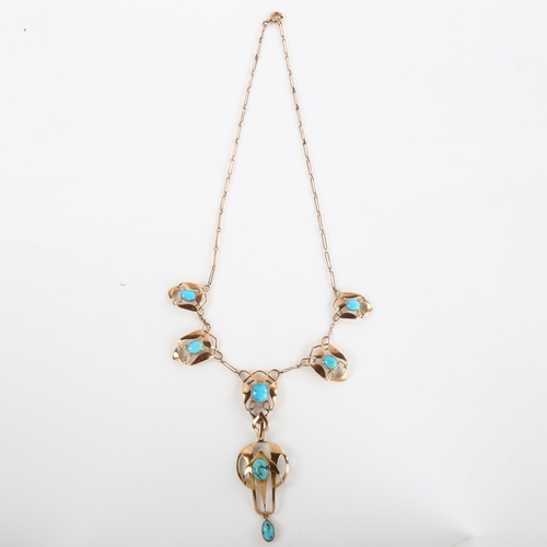 1112 - GOURDEL VALES & CO - an Arts and Crafts 9ct rose gold turquoise matrix openwork fringe pendant neckl... 