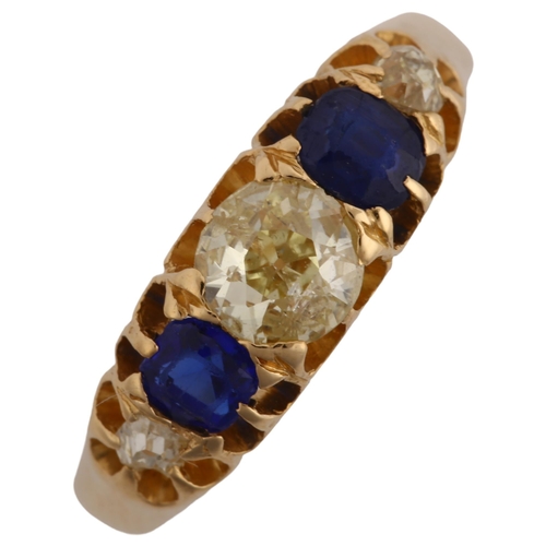 1113 - An 18ct gold graduated five stone sapphire and diamond half hoop ring, set with old European and old... 