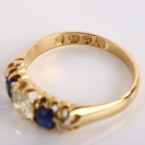 1113 - An 18ct gold graduated five stone sapphire and diamond half hoop ring, set with old European and old... 