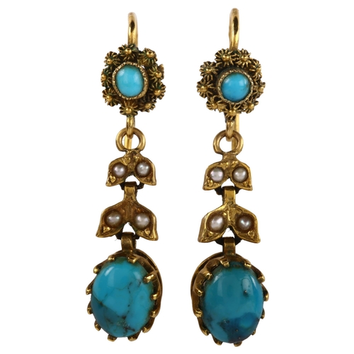 1116 - A pair of turquoise and pearl drop earrings, unmarked yellow metal settings with cannetille decorati... 