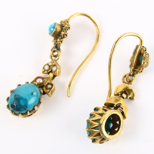 1116 - A pair of turquoise and pearl drop earrings, unmarked yellow metal settings with cannetille decorati... 