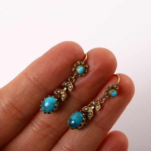 1116 - A pair of turquoise and pearl drop earrings, unmarked yellow metal settings with cannetille decorati... 