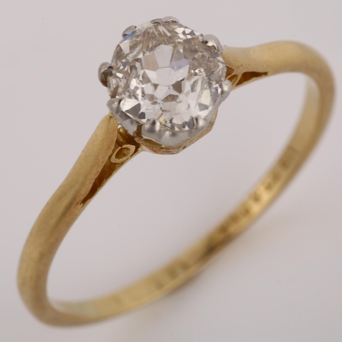 1117 - An 18ct gold 0.6ct solitaire diamond ring, claw set with old European-cut diamond, colour approx J/K... 