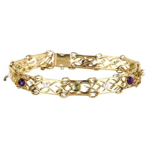 1118 - SUFFRAGETTE INTEREST - a 15ct gold amethyst peridot and pearl bracelet, openwork inter-locking desig... 