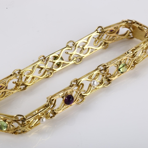 1118 - SUFFRAGETTE INTEREST - a 15ct gold amethyst peridot and pearl bracelet, openwork inter-locking desig... 