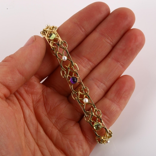 1118 - SUFFRAGETTE INTEREST - a 15ct gold amethyst peridot and pearl bracelet, openwork inter-locking desig... 